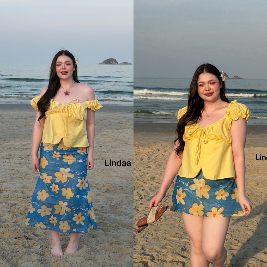Chubby Supi - 🌼YELLOW BLUE🌼 กระโปรงลายดอกไม้ เอว32-46“ (lin) กระโปรงไปทะเลสาวอวบ ชุดไปทะเลสาวอวบ