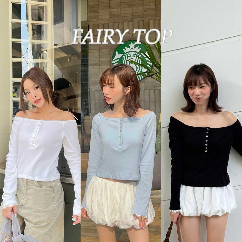 FAIRY TOP - เสื้อแขนยาวปาดไหล่ แต่งขอบลูกไม้ปลายแขน กระดุมเปลือกหอย (nita.bkk)