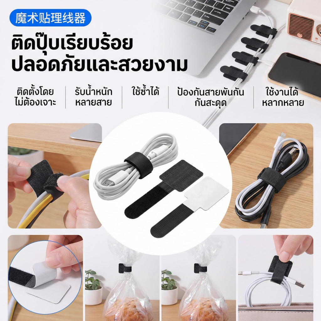อุปกรณ์จัดระเบียบสายไฟโต๊ะ ขายดี เทปแม่เหล็กติดตัว จัดเก็บยึดสายชาร์จ