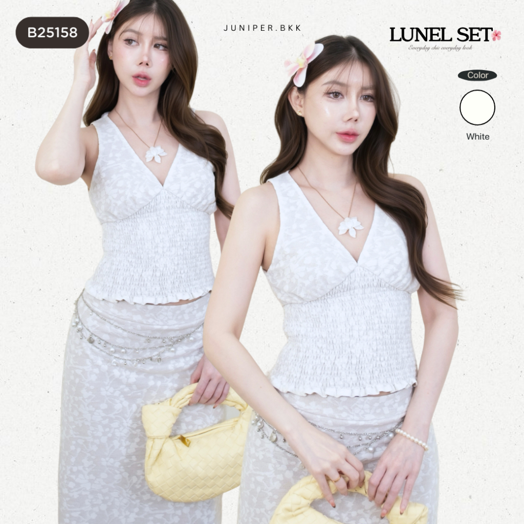 ชุดเซ็ตเกาหลี เสื้อแขนกุด + กระโปรง สม็อครอบตัว ผ้านุ่ม ทรงลูกคุณ  Everyday Outfit | LUNEL SET | B25