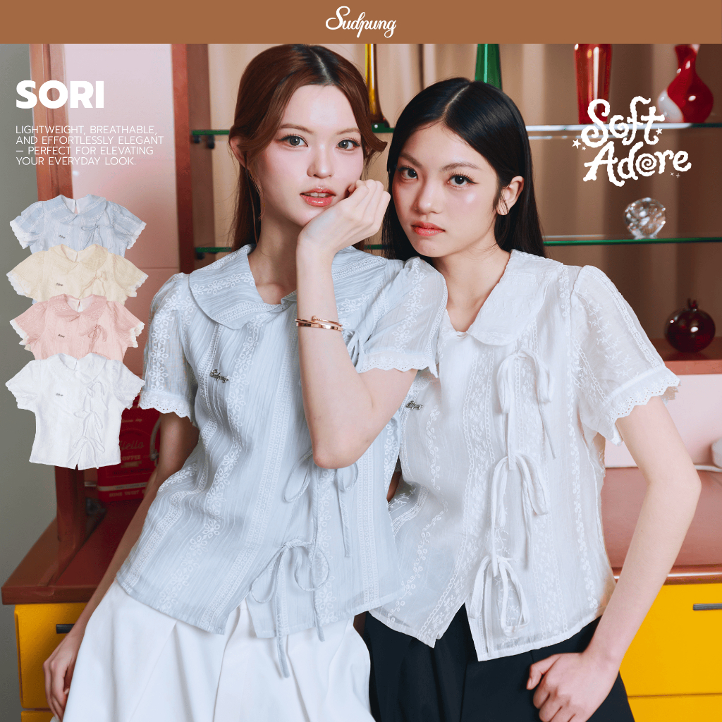Sori_SP119 เสื้อคอบัวลูกไม้ผูกโบว์ มีซับใน โลโก้เหล็ก Sudpung ใส่ซัมเมอร์สไตล์เกาหลี