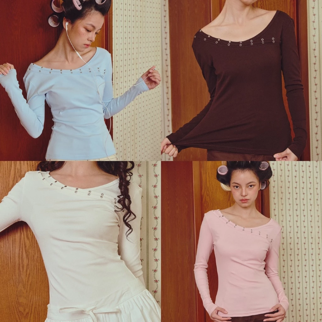 [พร้อมส่ง] CHUUCHOP - (S-2XL) Jersey Tee เสื้อแขนยาวคอวี ดีเทลแต่งหมุดช่วงคอ ผ้ายืด ใส่สบาย ช่วยพรางหุ่น (C8516)