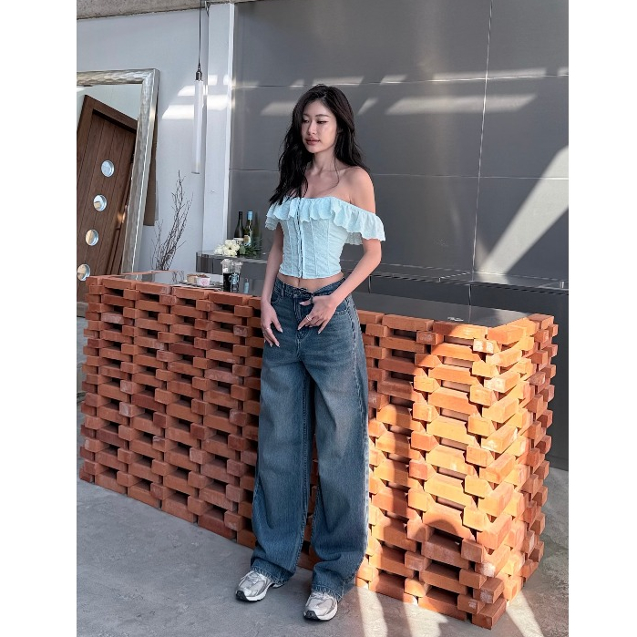 ยีนส์ Nammon Jeans BA09 กางเกงยีนส์ขากระบอกใหญ่เย็บเดินด้ายสีน้ำตาล(Copper Brown) - ผ้าไม่ยืด
