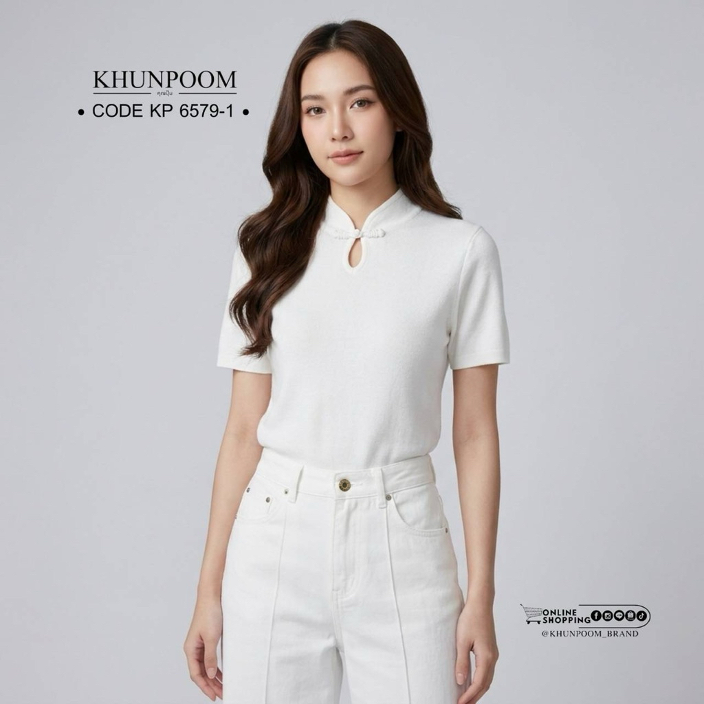 KP 6579-1 ลุคคุณหนู ดูแพง กับเสื้อไหมพรมคอจีนสุดคลาสสิก สวยสะกดทุกสายตา! เสื้อไหมพรมแขนสั้น