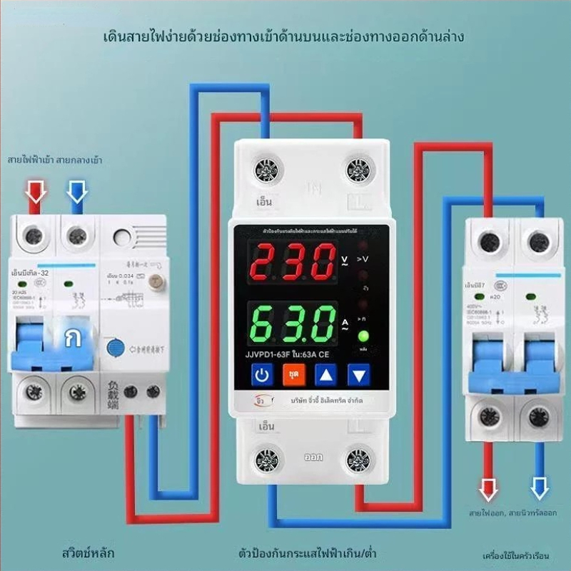 40A / 63A อุปกรณ์ป้องกันการโอเวอร์โหลดอุปกรณ์ป้องกันแรงดันไฟฟ้ารีเซ็ตอัตโนมัติ 220V 50Hz การอ่านที่แม่นยำ