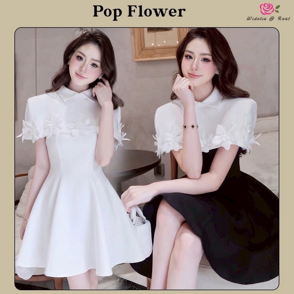 Pop Flower Dress เสื้อคลุมกับเดรสสายเดี่ยว ตัวเสื้อคลุมเย็บดอกไม้ป๊อปอัพ ตัวสายเดี่ยวช่วงสายปรับระดับได้ อกมีฟองน้ำ