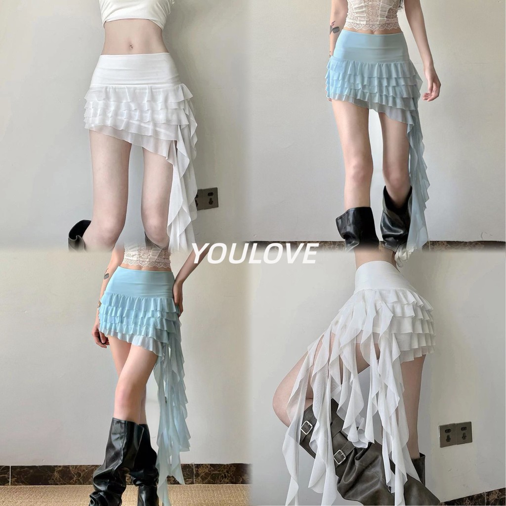 พร้อมส่งจากกทม✨Bohemian Holiday Wind เซ็กซี่เอวต่ำลอยกระโปรงครึ่งตัวเพรียวบางกระโปรงเค้กไม่สม่ำเสมอ((ขาว/สีน้ำเงิน)