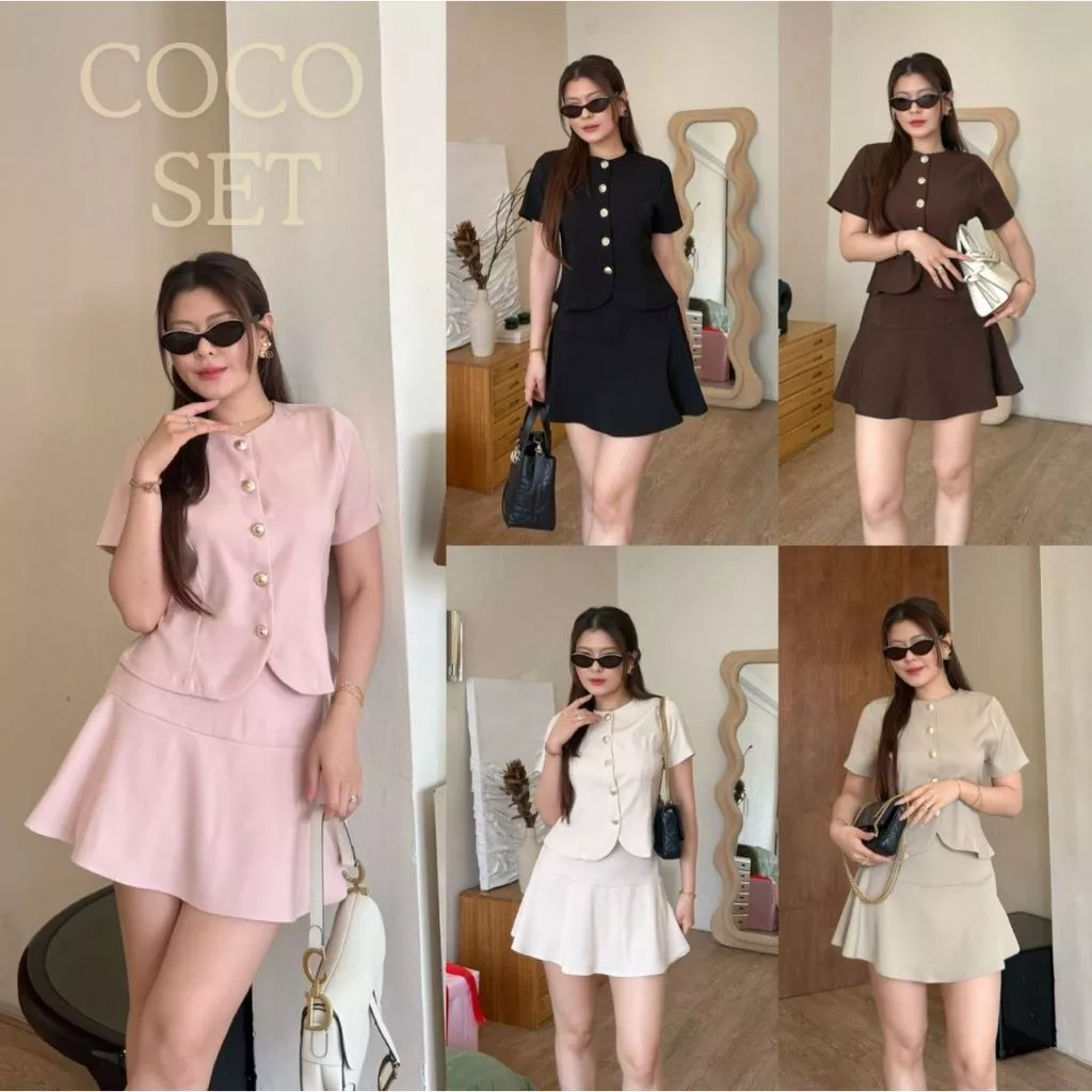 Coco Set : ชุดเซ็ทกระโปรงสั้นเสื้อคอกลมแขนสั้น เสื้อแขนสั้นแต่งกระดุมทอง กระโปรงสั้นแต่งระบายมีซับ BETTY (B056)