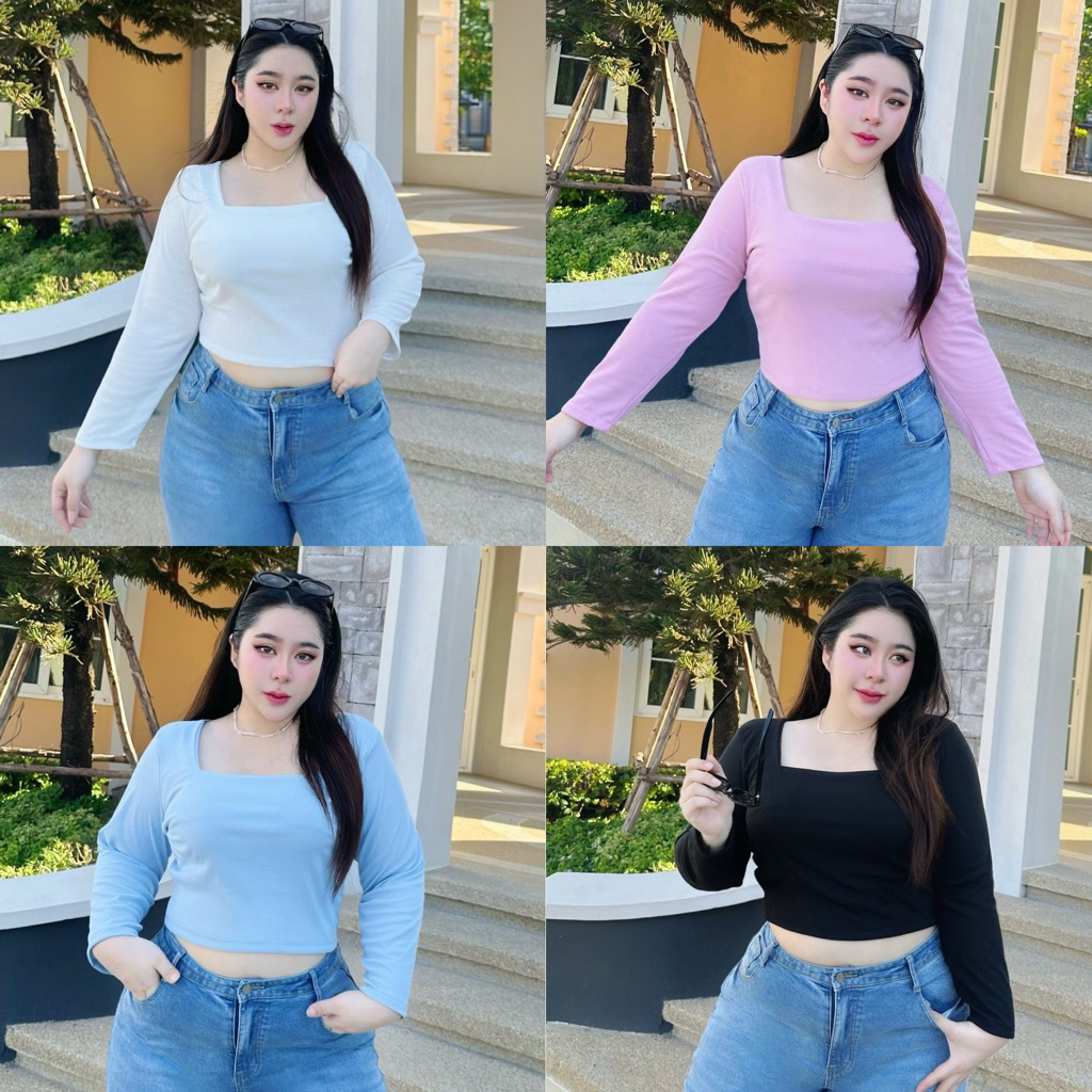 /TB/ เสื้อครอปคอเหลี่ยมแขนยาว สาวอวบ มีไซส์อก 40-50 ยาวกำลังดี ใส่สวย ต้องมีติดตู้ #เบสิค