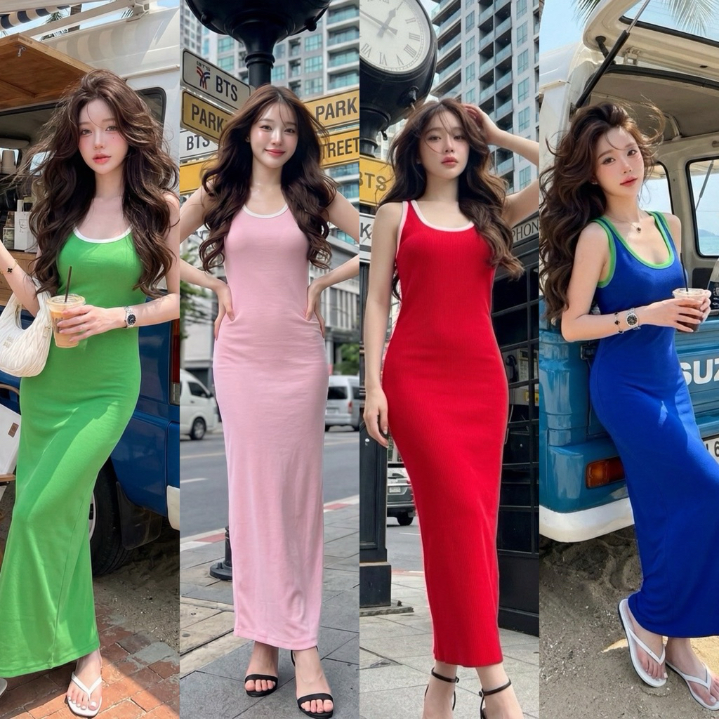 Teera❤️พร้อมส่ง✨MAXIDRESS🔥🎀เดรสกล้ามทรงยาวแบบคลาสสิค ผ่าหลังกุ้นขอบตัดสี ใส่ง่าย ใส่สบาย ดูขายาว ผอมเพรียวสุด tanintra