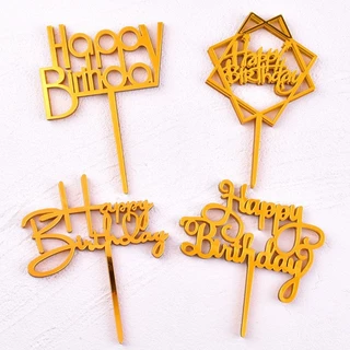 ป้ายปักเค้กอะคริลิคและพลาสติกสีทอง Happy Birthday มีหลายแบบ ชุดที่1/2