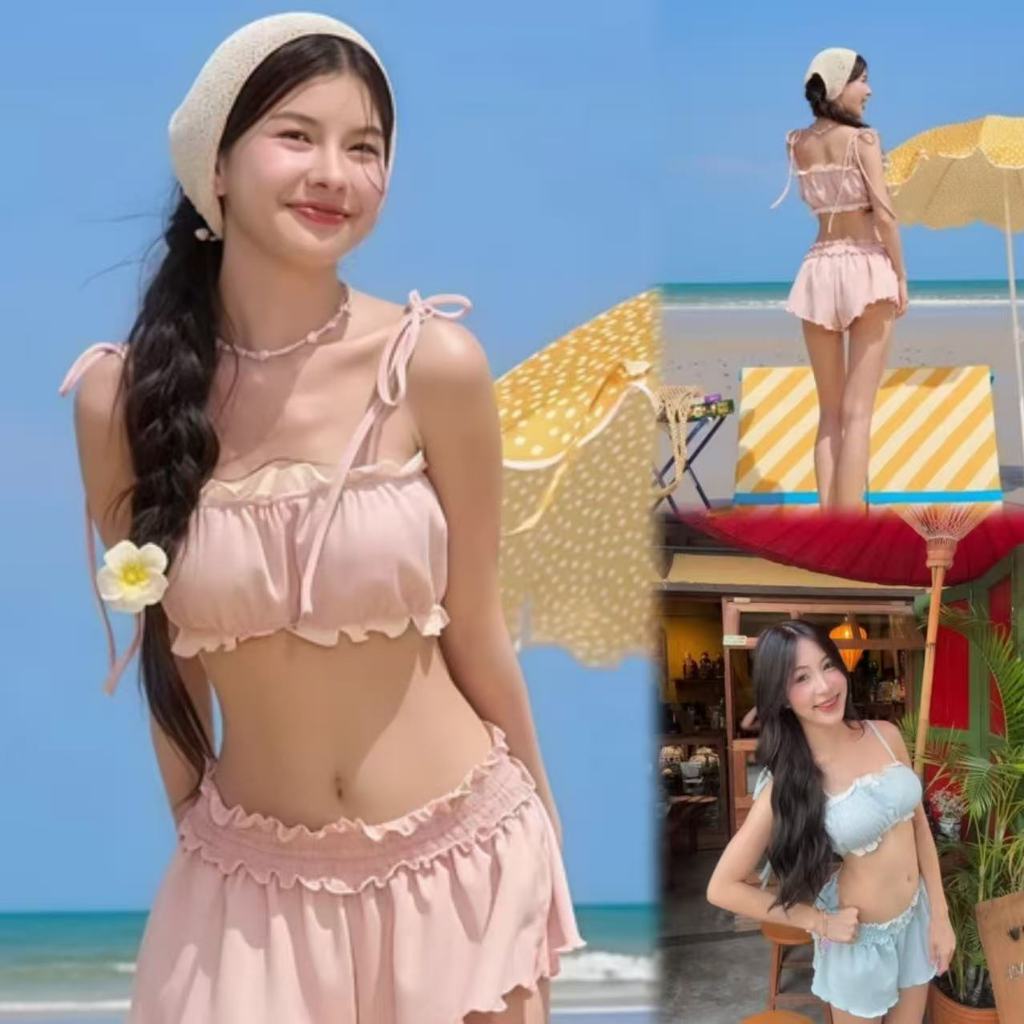 🌸Swift Bra🌸ชุดว่ายน้ำ 2 ชิ้น บิกินี่แบบไม่มีสาย โค้งคำนับ ผ้าจีบคุณภาพสูง รุ่นใหม่ ด้วยฟองน้ำ
