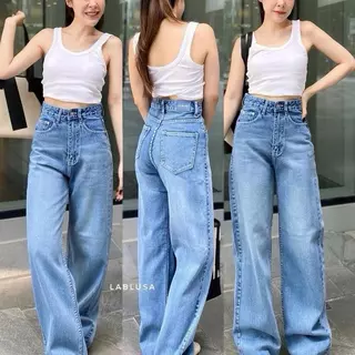 LABLUSA-LBS277 : กางเกงยีนส์ขายาวทรงกระบอกกลาง เบสิค เอวสูง ผ้าไม่ยืด Unisex