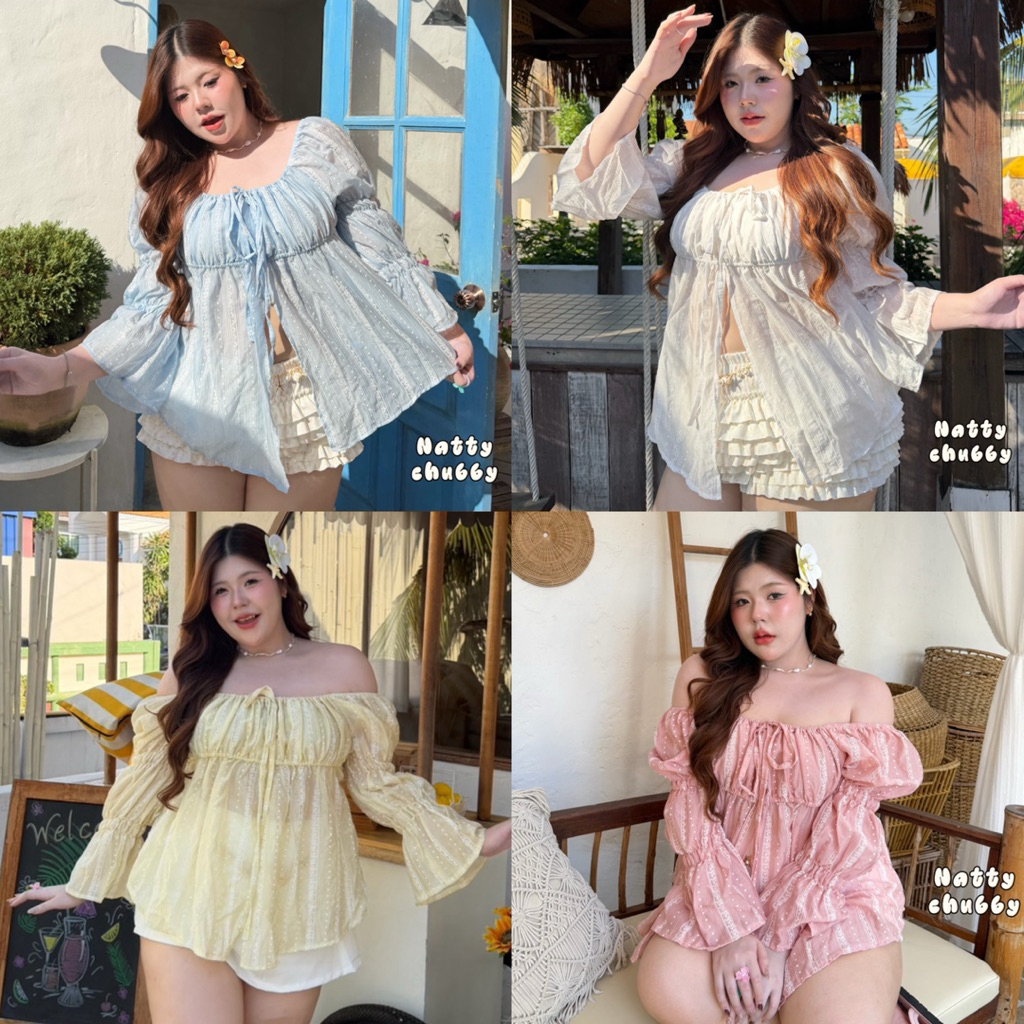 เสื้อปาดไหล่ แขนยาว (ทรงญาญ่า) เสื้อสาวอวบ อก38-50นิ้ว Freesize