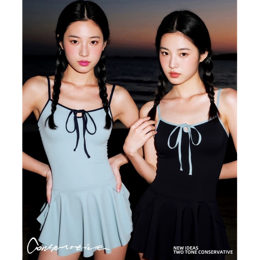 Bikinicutecute ชุดว่ายน้ำ วันพีช สายเดี่ยว สีฟ้า/สีดำ พร้อมซับในกระโปรง มีฟองน้ำ