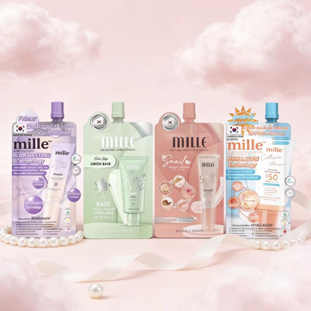MILLE (1 ซอง) primer bb ครีมซองมิลเล่ super miacle skin cover /whitening gold rose BB snail primer/เ