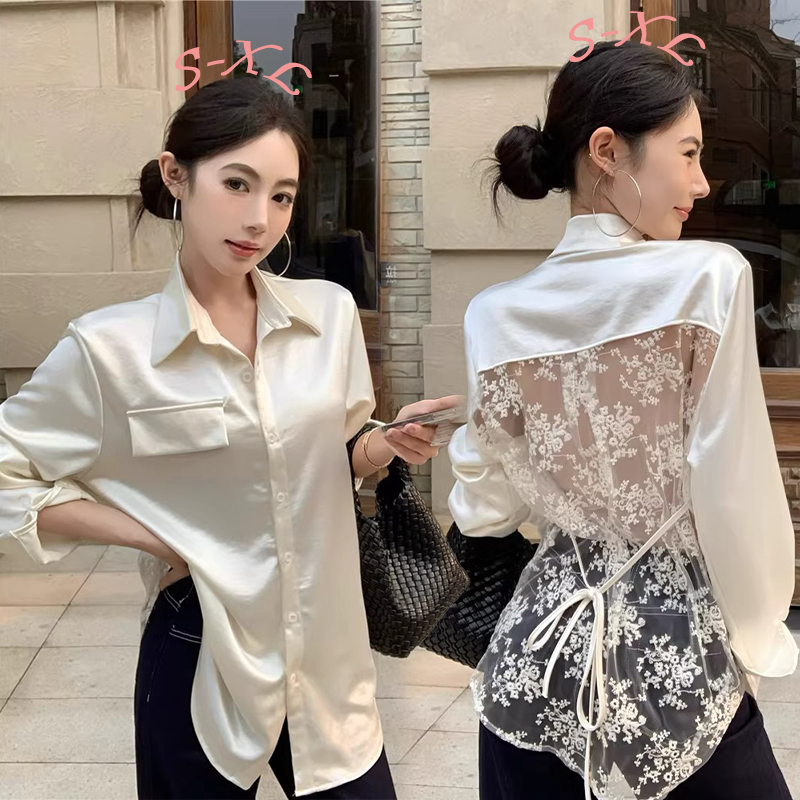 99231 เสื้อเบลาส์ผ้าซาตินลูกไม้สำหรับผู้หญิง ดีไซน์ปกพับลงและเปิดหลัง เหมาะสำหรับสวมใส่ในฤดูร้อน