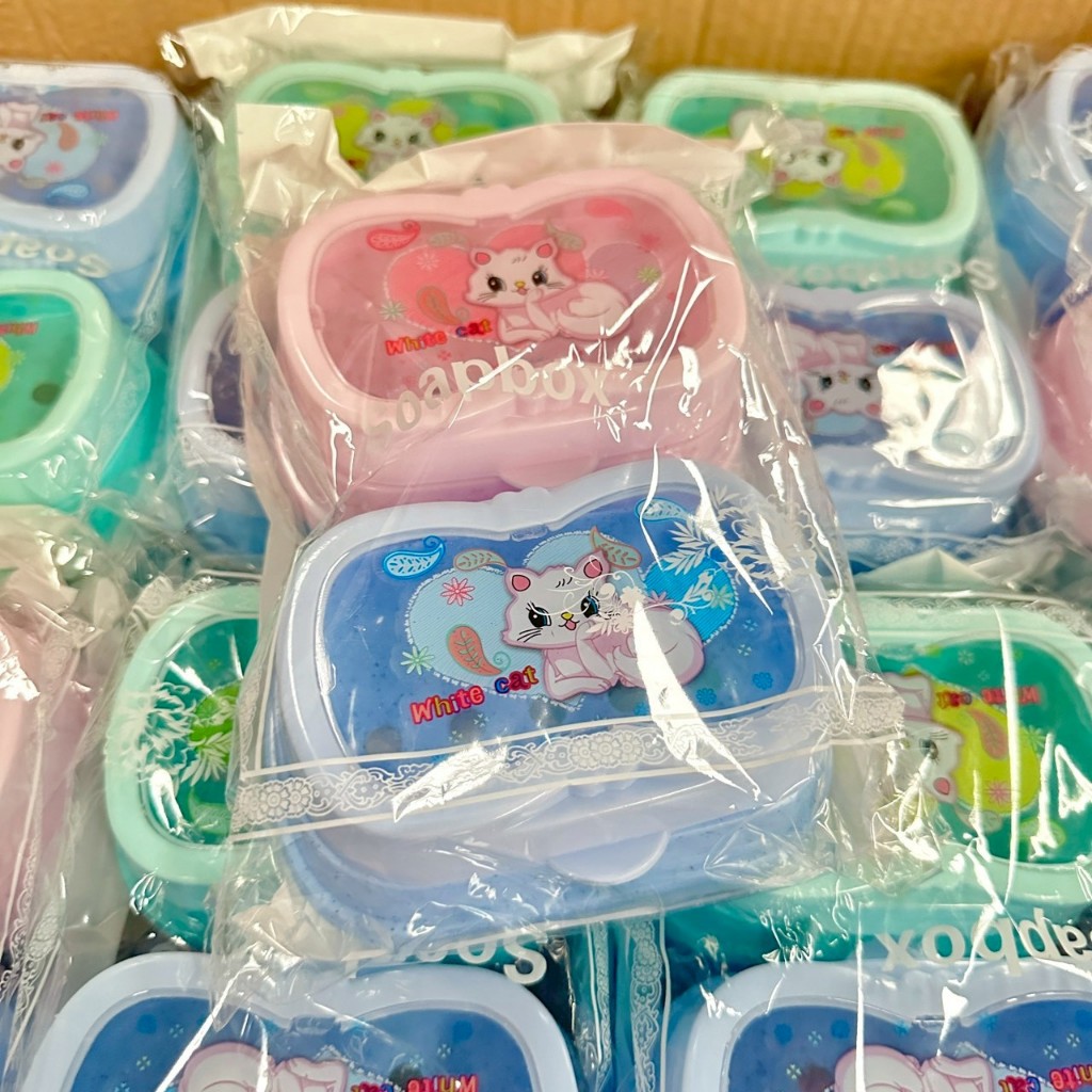 [ขายยกโหล12แพ็ค] กล่องสบู่ ลายแมว แพ็ค2ชิ้น คละสี ที่วางสบู่ (รวมได้24ชิ้น)