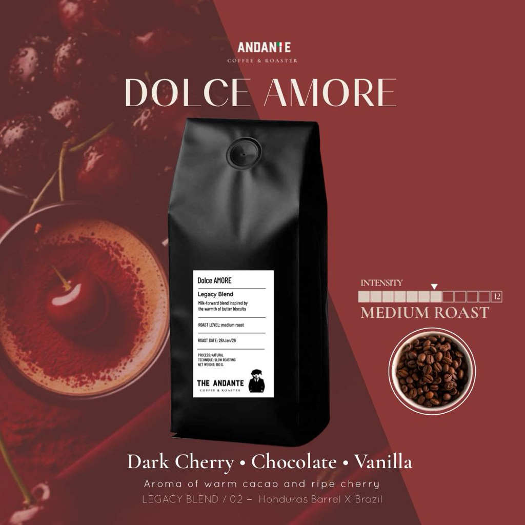 The Andante เมล็ดกาแฟคั่วกลาง เบลนด์พรีเมียม บ่มถังวิสกี้ หอมหวานพิเศษ  Dolce Amore Blend refill bag