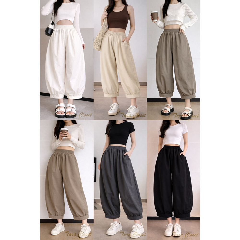 COM531 TARA Pants กางเกง 8 ส่วนทรงบอลลูน ฟรีไซซ์เอวยางยืด มีกระเป๋าข้าง จั๊มปลายขา เนื้อผ้าครัช ผ้าดี ไม่ต้องรีด