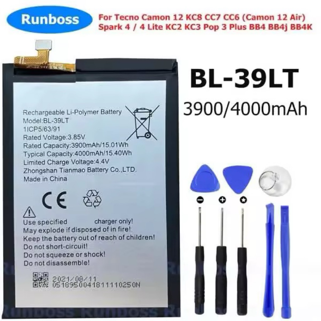 แบตเตอรี่ Tecno Spark 4 Camon 12 CC7 KC2 battery BL-39LT 4000mAh รับประกัน 3 เดือน