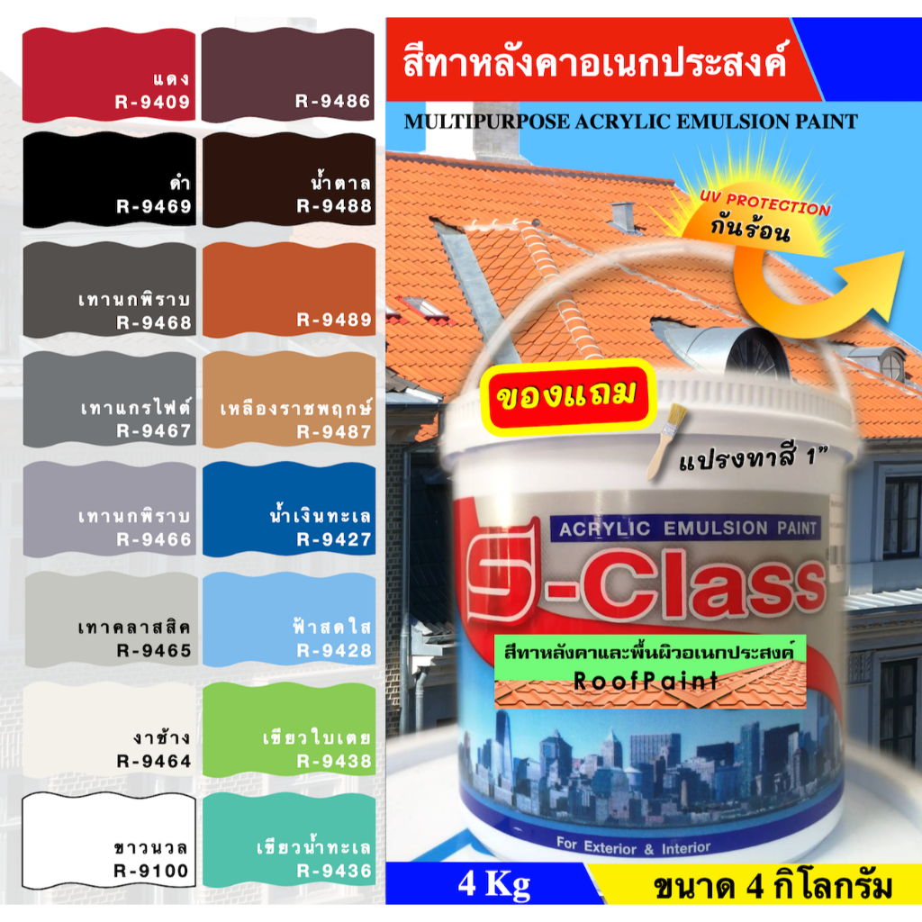 สีทาหลังคา อเนกประสงค์ สีทาสนามเทนนิส ปูน คอนกรีต ยิบซัม สีทาไม้ฝา (ขนาด 4 กิโลกรัม) สะท้อนรังสี UV แถมแปรงทาสี 1 อัน