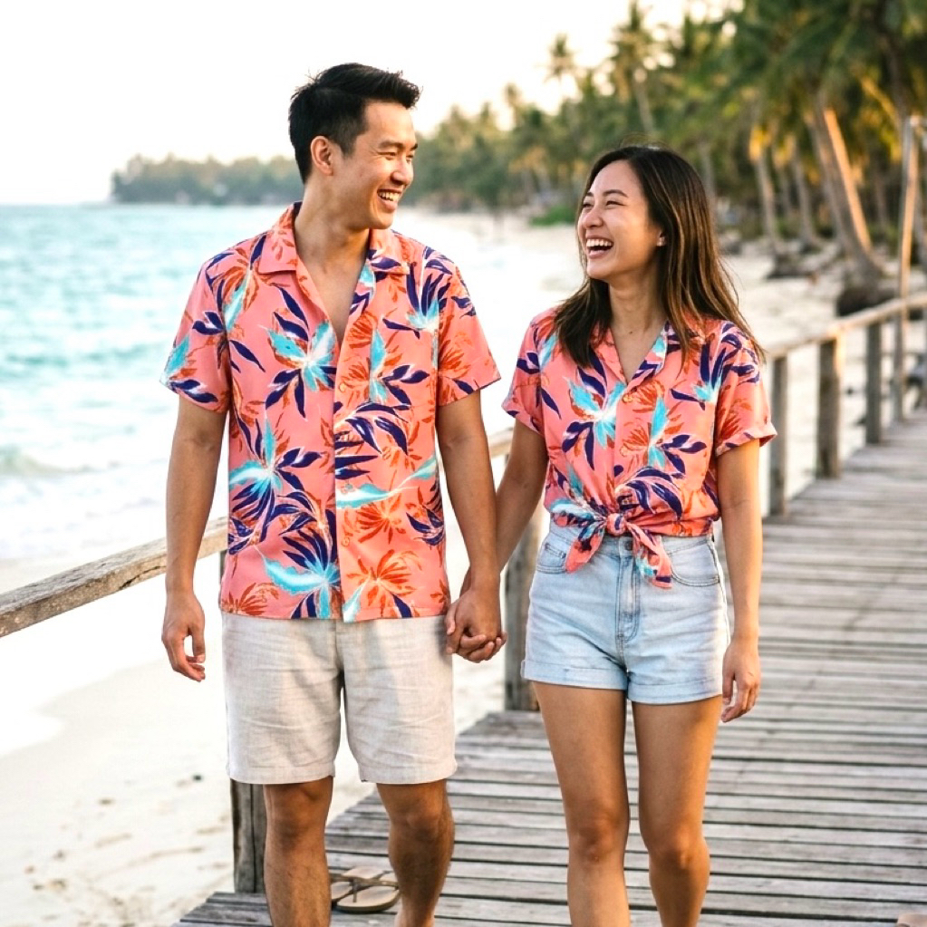 ROAMING HS12 เสื้อฮาวาย เสื้อครอบครัว ผ้าไหมอิตาลี ยับยาก ไม่ต้องรีด Italian Silk Hawaiian Shirts ( ดอกไม้บาติกชมพู )