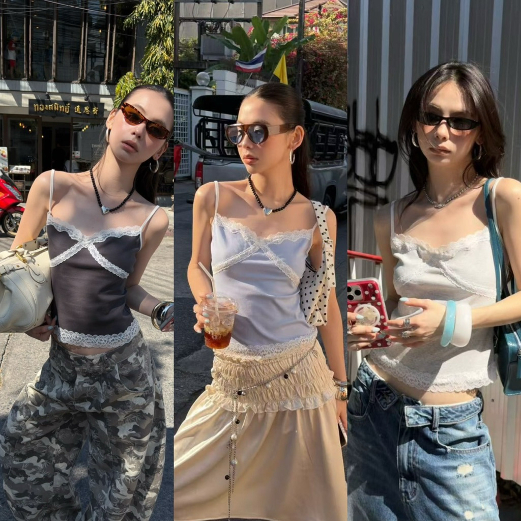 📍พร้อมส่ง📍26T067 su067 เสื้อสายเดี่ยวผ้ายืด แต่งผ้าลูกไม้ งานสวยเก๋ ใส่แล้วดูดีมากๆค่า Tag MM Fish🇰🇷