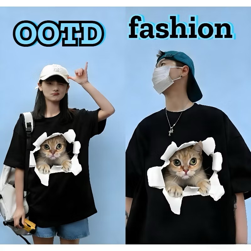 เสื้อยืดคอกลม-แขนสั้น เสื้อลายแมว oversize t shirt เสื้อยืดแฟชั่น สวยๆ  พิมพ์ลาย แฟชั่น สีขาว-สีดำ