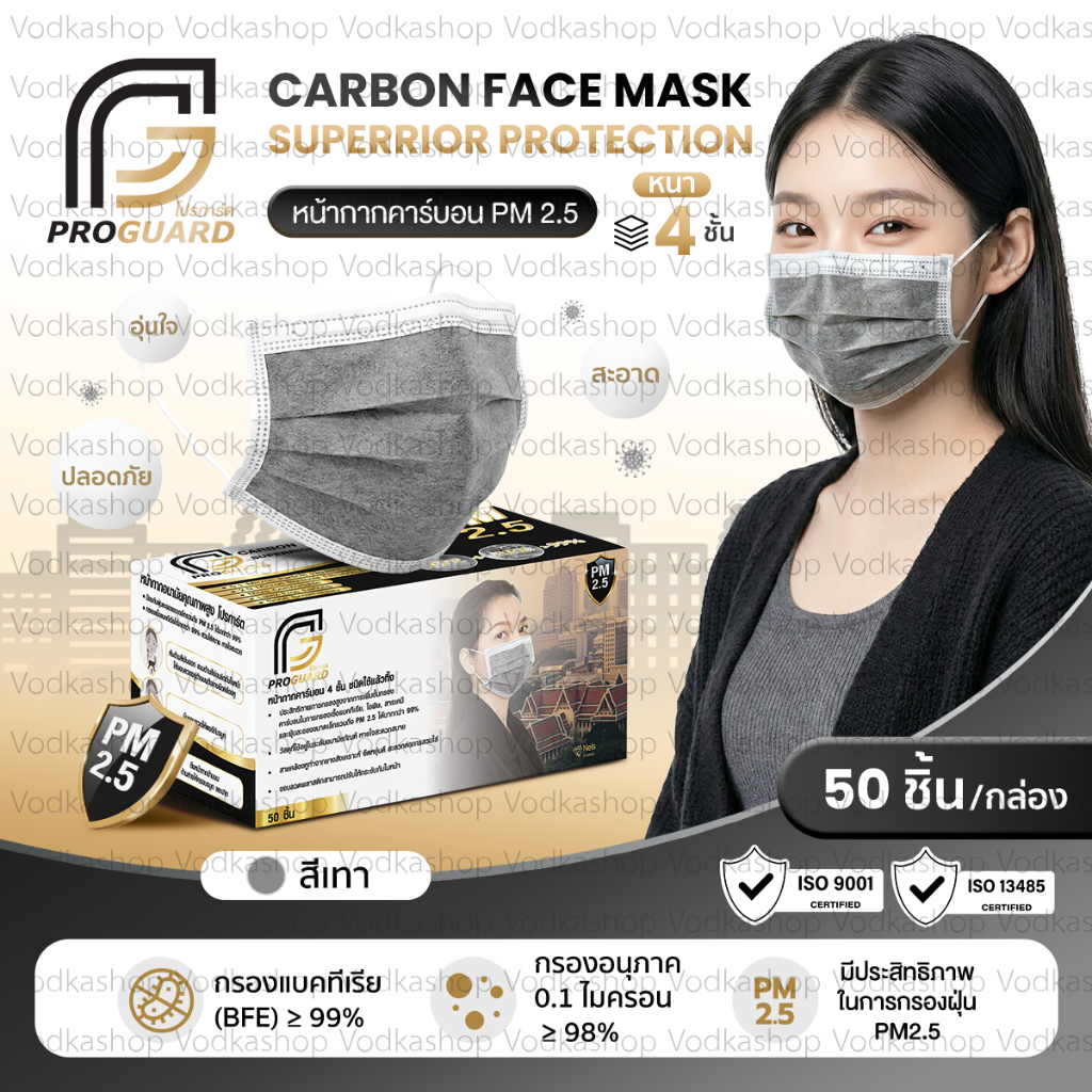 หน้ากากอนามัยคาร์บอน 4ชั้น ป้องกันฝุ่น PM2.5 Proguard (50ชิ้น/กล่อง)