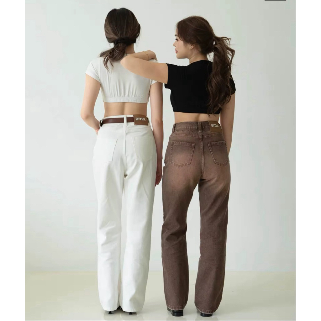 ams.commune กางเกงยีนส์ทรงกระบอกสีขาว
