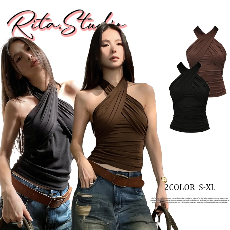 Rita พร้อมส่ง🍒เสื้อกล้ามผู้หญิง คอฮอลเตอร์ เปิดไหล่ ปาดไหล่ สวมได้หลายแบบ ไตล์สาวฮอต เอวเข้ารูป ยืดหยุ่นได้ ไม่มีแขน