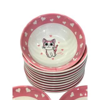 ถ้วยปากบานเมลามีนแบหนาอย่างดี ขนาด6นิ้วจำนวน12ใบ ลายแมวชมพู