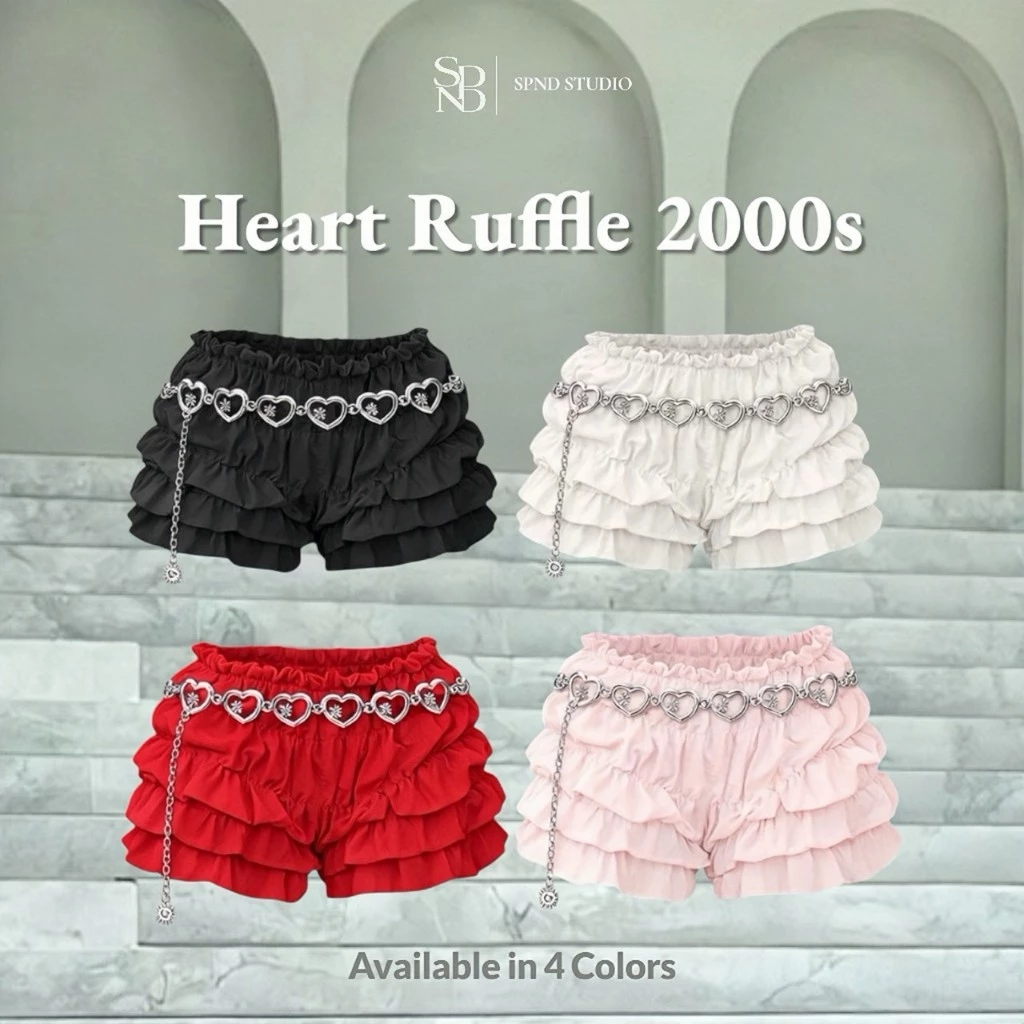 SPND【พร้อมส่ง】Heart Ruffle 2000sกางเกงรุ่น "ฮาร์ท รัฟเฟิล" ทรงระบาย Y2k !!แถม!!เข็มขัดโซ่หัวใจสุดเก๋ (ถอดออกได้)