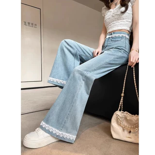 S~5XL Flared wide-leg jeans กางเกงยีนส์ขายาวทรงบานแต่งขอบลูกไม้สุดอินเทรนด์ สไตล์ใหม่ปี 2026 เอวสูง ทรงหลวม ขากางเกงตรง