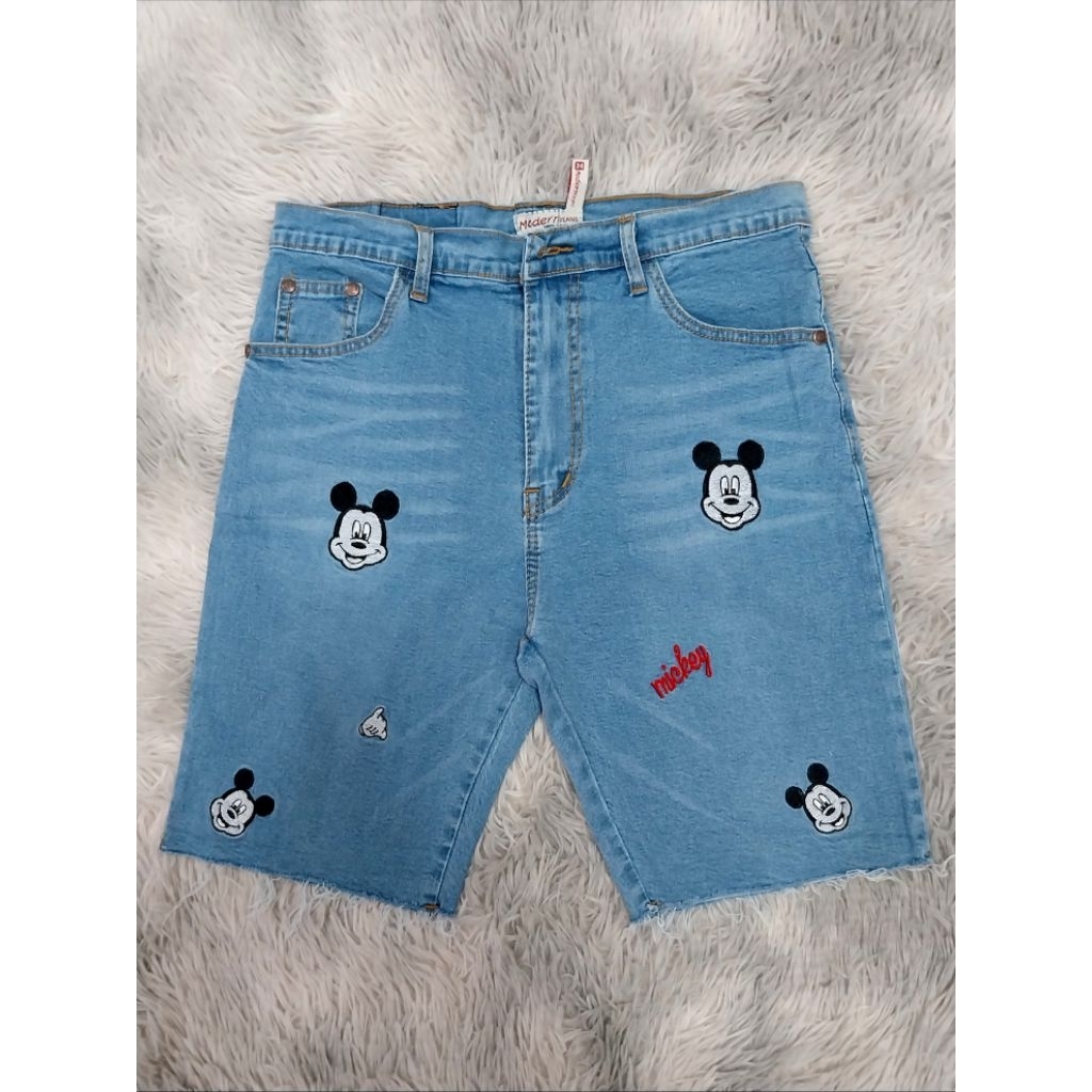 MD jeans กางเกงยีนต์เอวสูง3ส่วน ผ้ายีนต์ยืด ปลายขาตัด ปักมิกกี้ ยีนน์สาวอวบอ้วนเอว34-44
