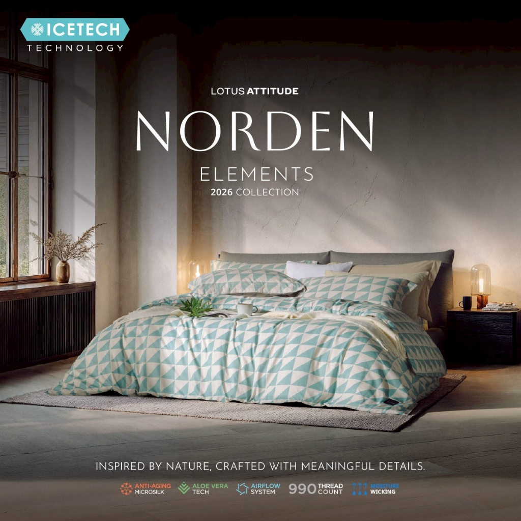 LOTUS ATTITUDE ผ้านวม 990 เส้น รุ่น NORDEN ELEMENTS 2026 ICETECH เย็นนุ่ม ถนอมผิว ลดรอยกดทับหน้า ส่งฟรี