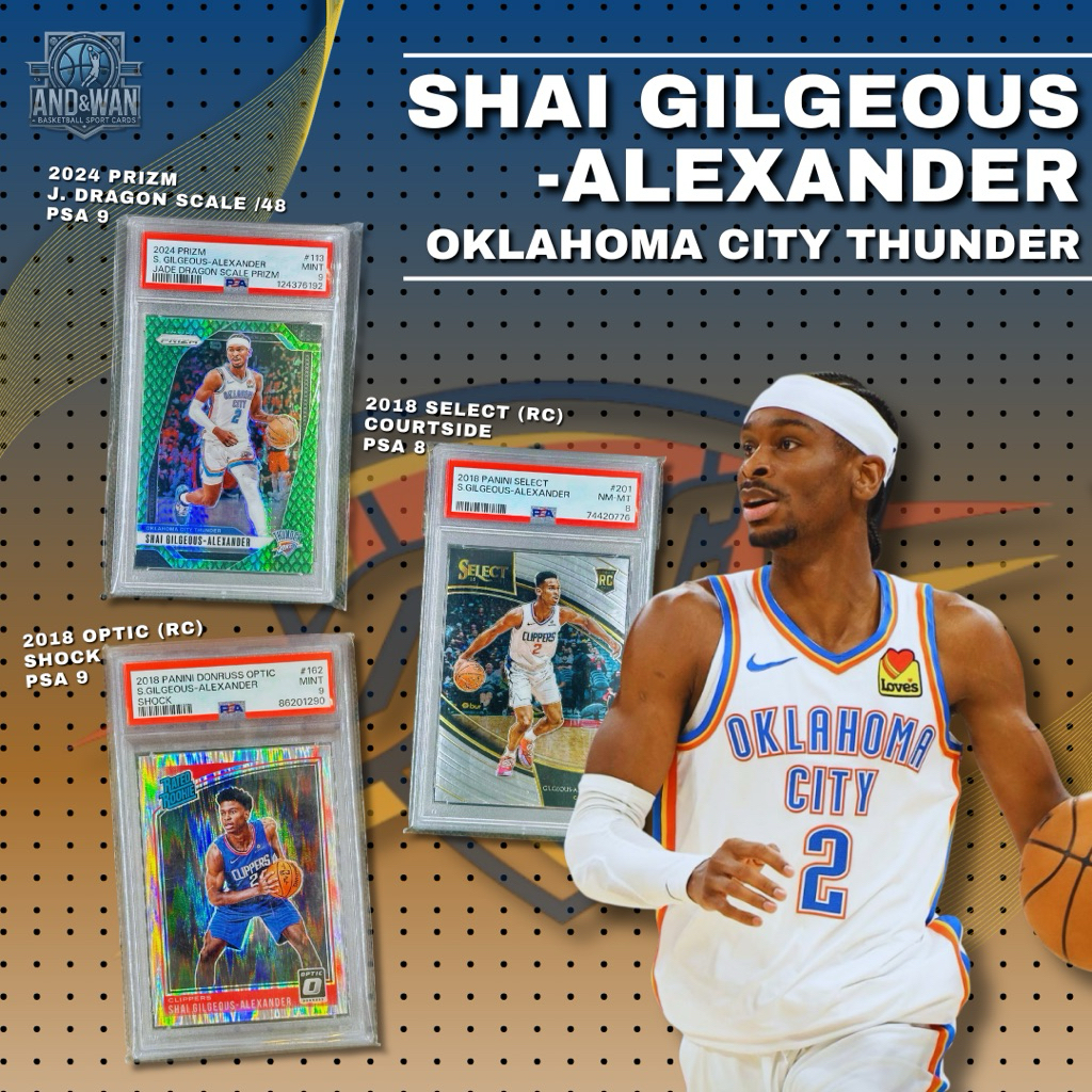 การ์ด Shai Gilgeous-Alexander (Jade Dragon Scale /48 PSA 9, RC Optic Shock PSA 9, RC Select Courtsid