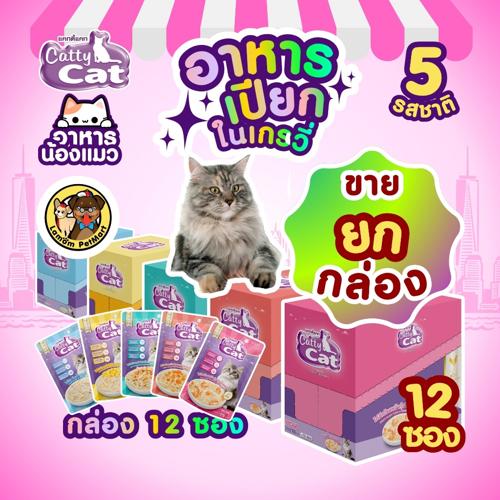 (ขายยกกล่อง 12 ซอง) Catty Cat อาหารแมวเปียก (5 รสชาติ) ในน้ำเกรวี่ ไม่เติมเกลือ วิตามิน E และทอรีน