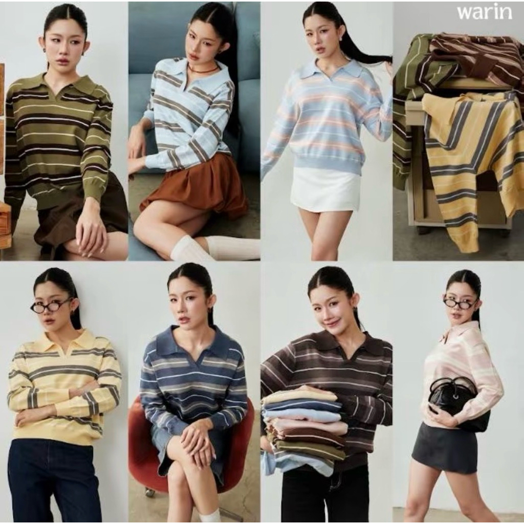 Warin Mochi Stripe Knit เสื้อโปโลแขนยาวผ้าไหม พรมทอลาย