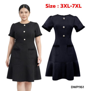 Big Size : 3XL-7XL | เดรสผ้าทวิตทรงเอกระดุมทองหน้า มีกระเป๋า…
