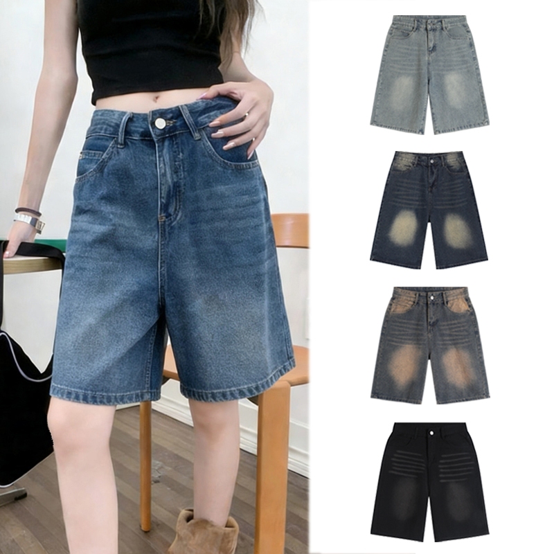 Yoka ( S-3XL )  กางเกงขากระบอก กางเกงยีนส์ขาสั้น ทรงหลวม ขากว้าง สไตล์วินเทจ Jeans