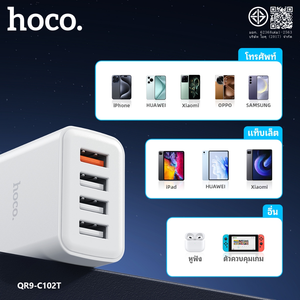 อแดปเตอร์ USB-A 4 ช่อง HOCO QR9-C102T Fast Charging QC3.0 ชาร์จเร็ว 30W ปลั๊กขาไทย มีระบบป้องกันหลายชั้น ราคา ถูกที่สุด ดีลบีเคเค แกลเลอรีภาพที่ 6