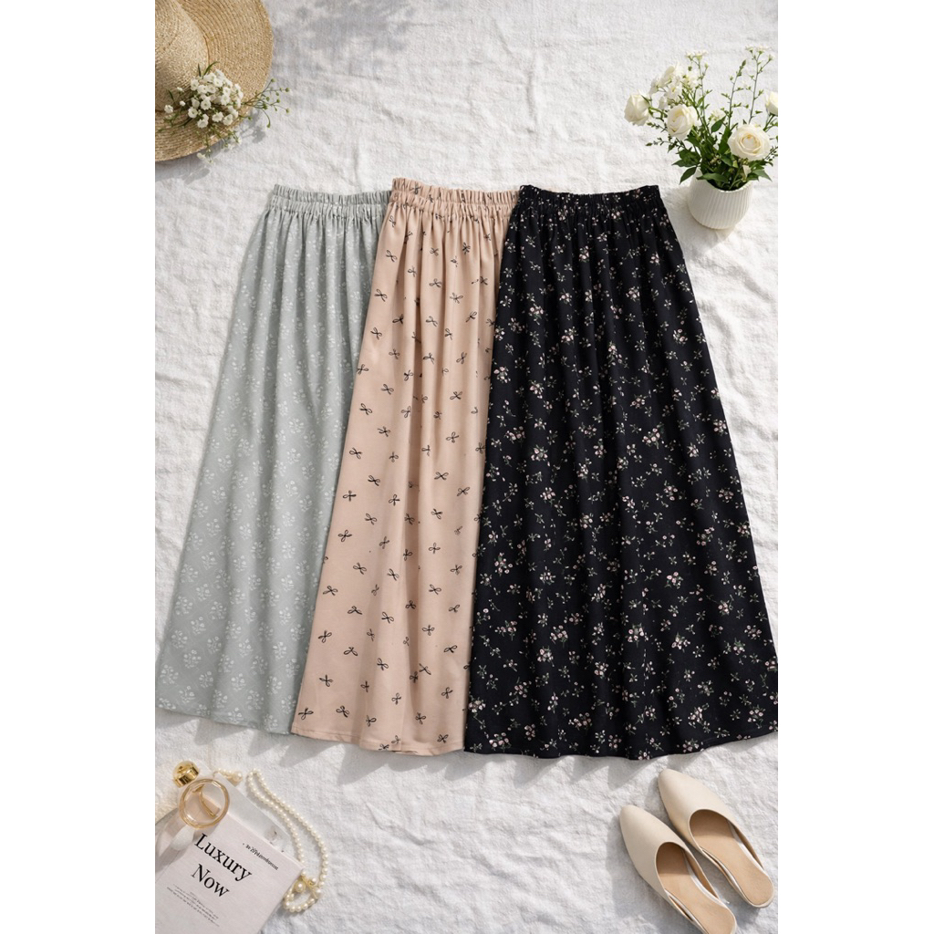 กระโปรงยาวลายดอกไม้ มินิมอล สไตล์เกาหลี เอวยางยืด ผ้าไหมอิตาลี