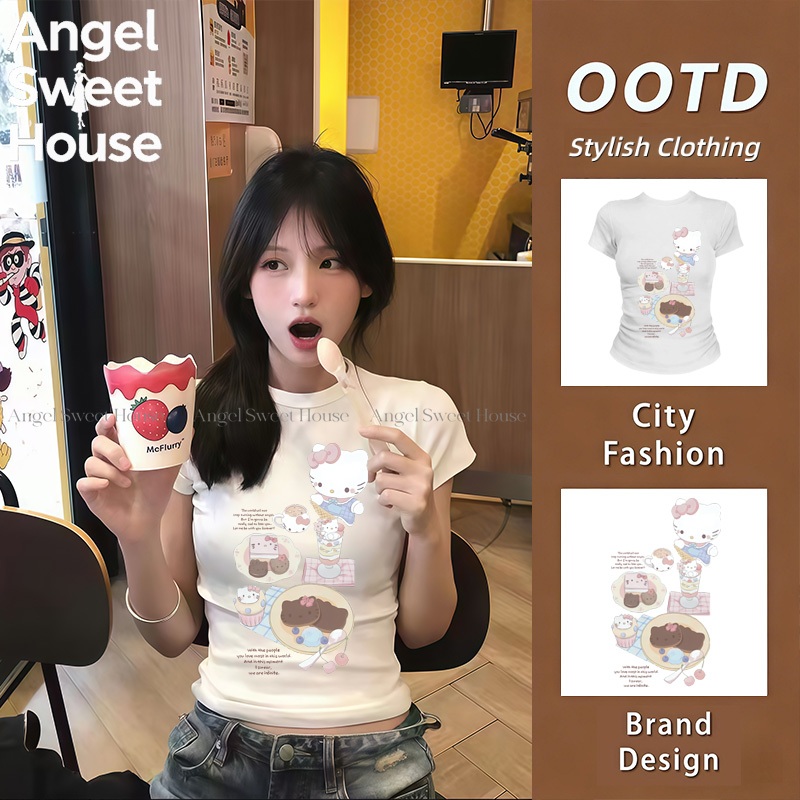 （COD) เสื้อยืดแขนสั้นพิมพ์ลายคุณภาพสูง ทรงเข้ารูป เสื้อครอปเปิดไหล่ น่ารักหวานๆ สไตล์สตรีทย้อนยุค สไตล์มินิมอลเกาหลี