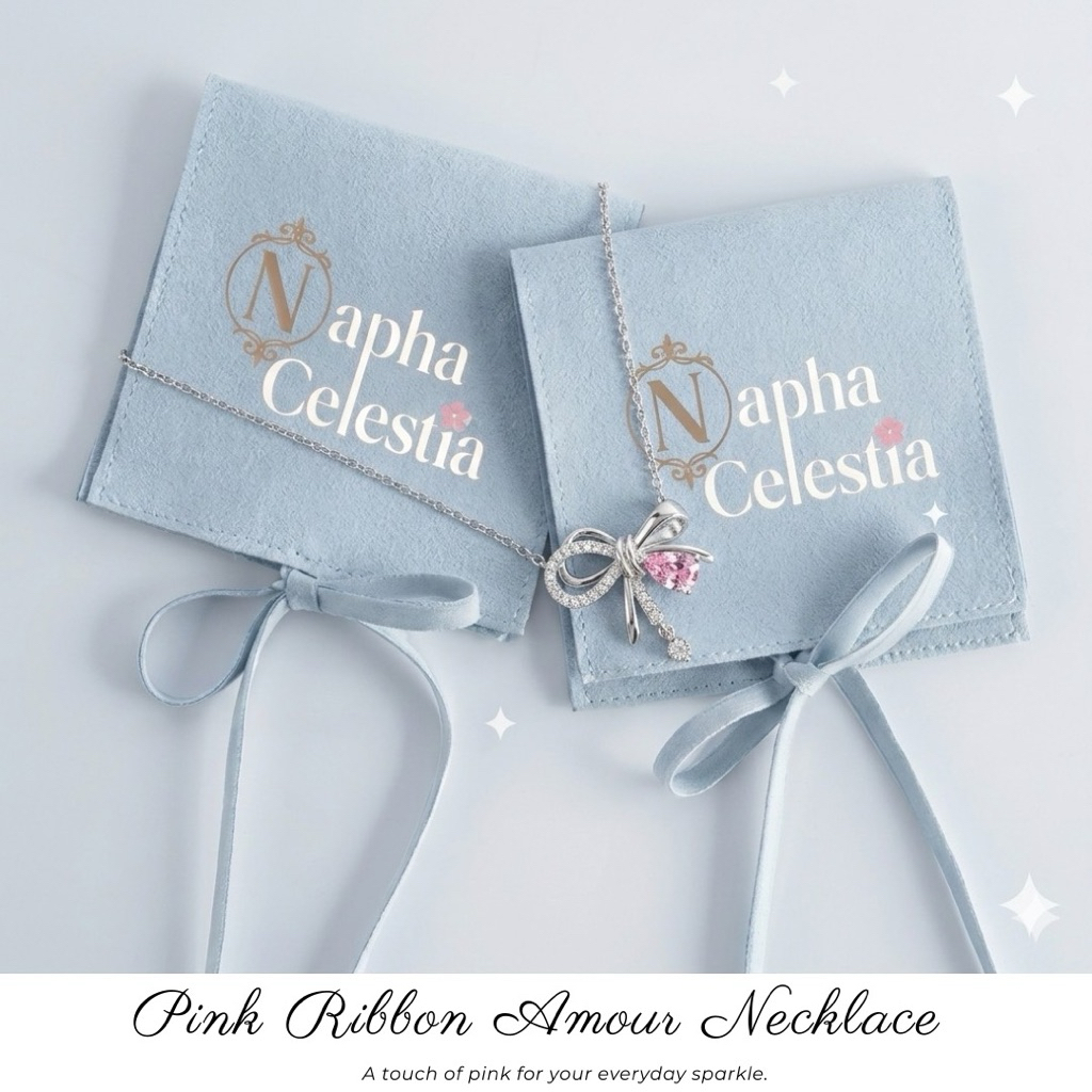🩵N.Celestia🩵 Pink Ribbon Amour Necklace 🎀สร้อยคอโบว์เกาหลี ชุบเงินแท้ 92.5%  💖 จี้พลอยชมพู Coquette 