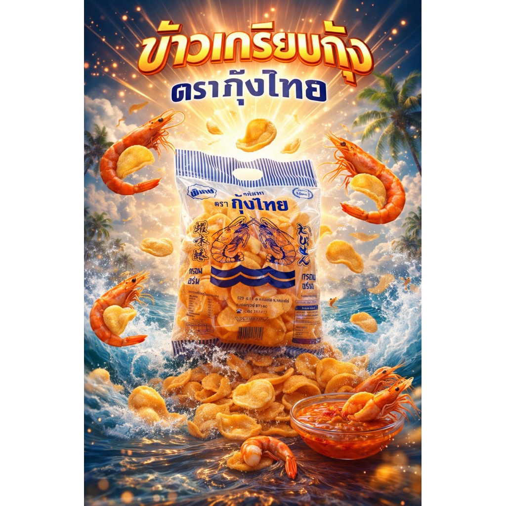 ข้าวเกรียบกุ้ง ตรากุ้งไทย ซองสีน้ำเงิน ขนาด 1 โหล ( 12 ซอง )