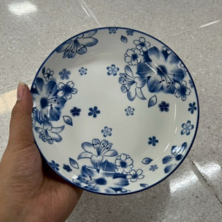 จานเซรามิก 7 นิ้ว จานข้าว จานขอบสูง จานลายดอกไม้สีน้ำเงิน ทำ…