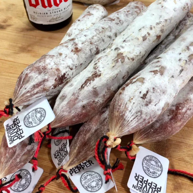 Duvel ไส้กรอกหมู 100% Saucisson, salami, dry sausage with Duvel / Pepper