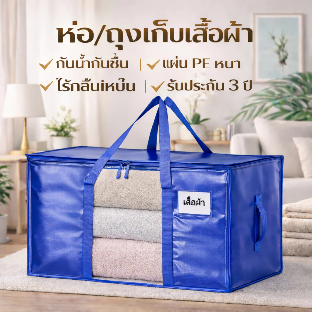 ถุงเก็บของขนาดใหญ่ ถุงเก็บเสื้อผ้า ผ้านวม ผ้าห่ม ถุงย้ายบ้าน รุ่นหนาพิเศษ กันน้ำ กันฝุ่น พับได้ หน้าต่างแสดงผล